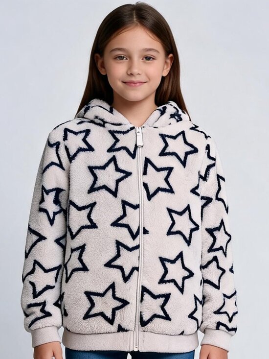 Cat & Jack Other - Cat & Jack girls cream fuzzy star zip hoodie cozy fleece jacket L 10–12